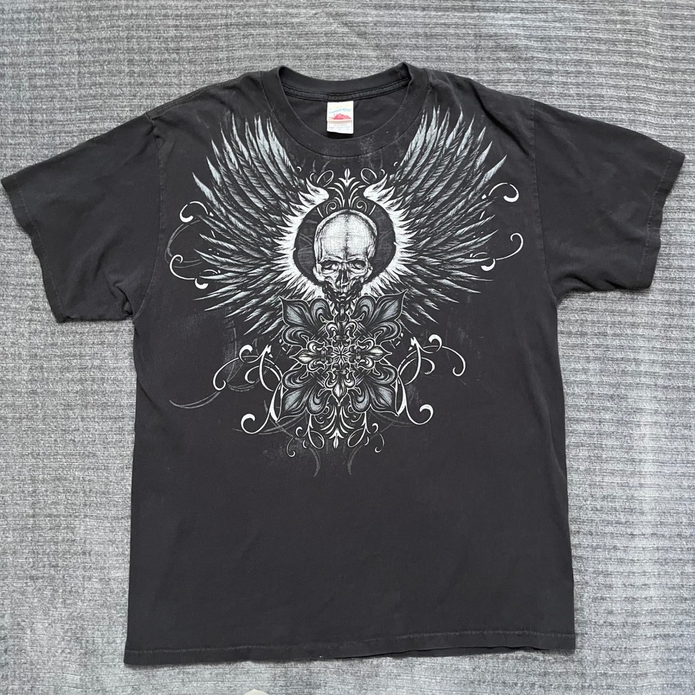 Y2k Affliction Style Skull Wings T-Shirt Black Large Skater Grunge